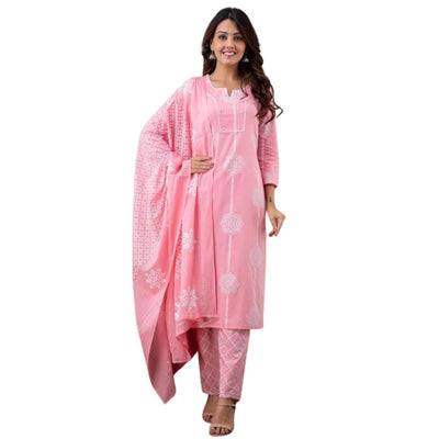 Flower Printed Kurti And Dupatta With Pant For Women - Pink / M-38 - Shopaholics