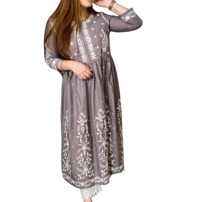 Frock Style Kurti Embroidery Paired Cotton Pants For Women - M / Grey - Shopaholics