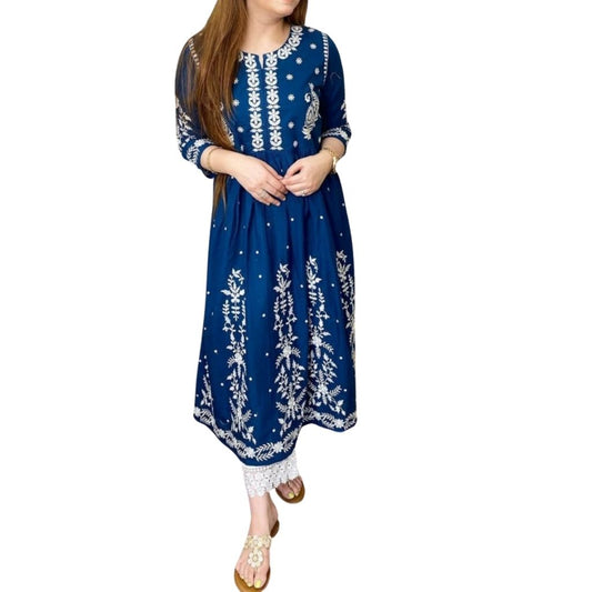 Frock Style Kurti Embroidery Paired Cotton Pants For Women - M / Blue - Shopaholics