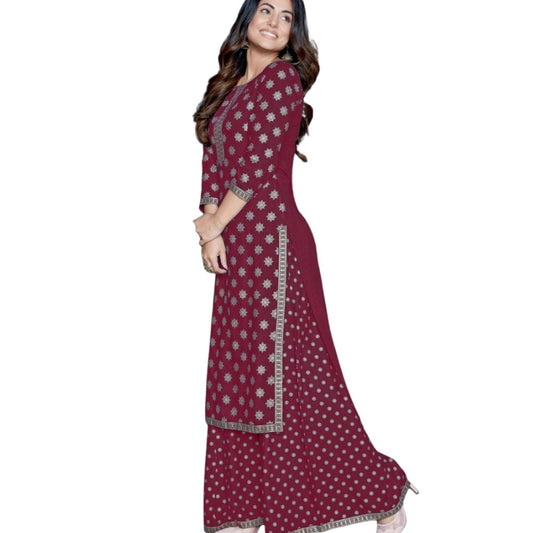 Full Printed Kurti With Flair Sharara Set For Women - M / Maroon - Shopaholics