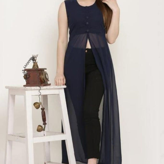Georgette Sleeveless Solid Midi Dress For Women - S-36 / Navy Blue - Shopaholics