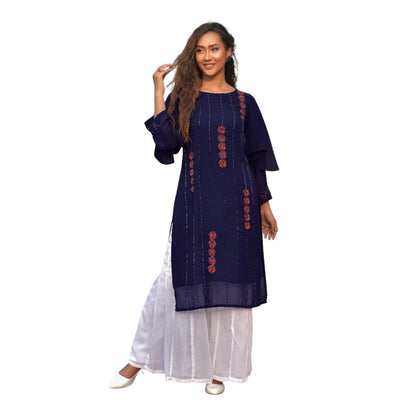 Georgette Classy Handwork Kurti With Palazzo For Women - M / Navy Blue - Shopaholics