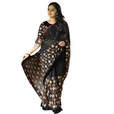 Georgette Thread Sequence Work Saree And Blouse For Women - Shopaholics