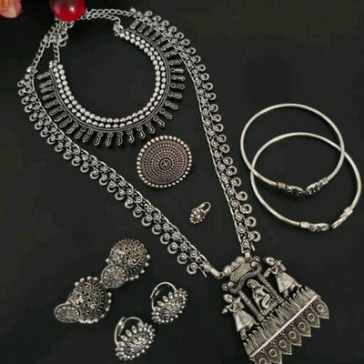 German Silver Necklace Earring Bracelet Jewelry Set For Women - Free Size / Silver - Shopaholics