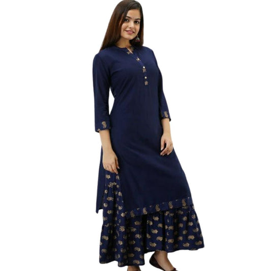 Gold Printed Kurti With Prented Sharara Set For Women - M / Blue - Shopaholics