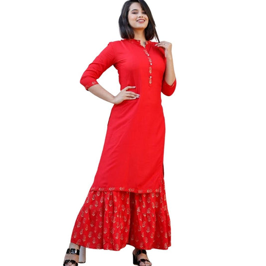 Gold Printed Kurti With Prented Sharara Set For Women - M / Red - Shopaholics