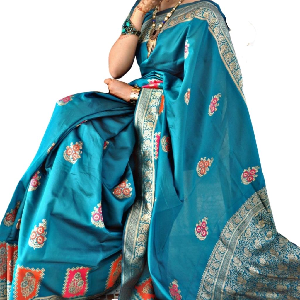 Gold Zari And Royal Saree With Blouse For Women - Sky-Blue - Shopaholics