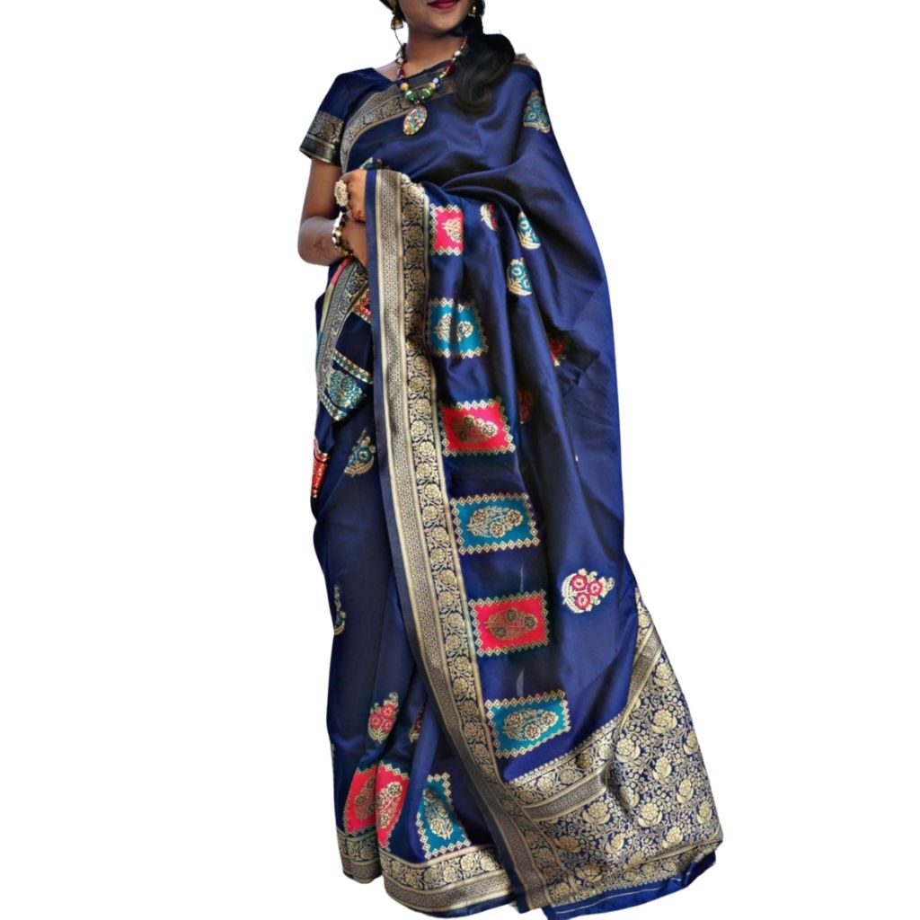 Gold Zari And Royal Saree With Blouse For Women - Blue - Shopaholics