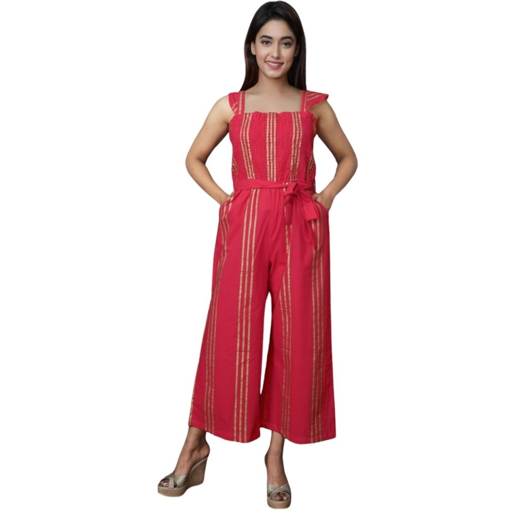 Golden Striped Jumpsuit Midi Dress For Women - 36 / Red-Gold - Shopaholics