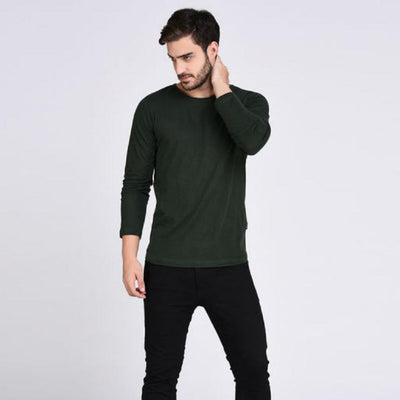 Green Solid Cotton Full Sleeve T-Shirt For Men - Green / S-36 - Shopaholics