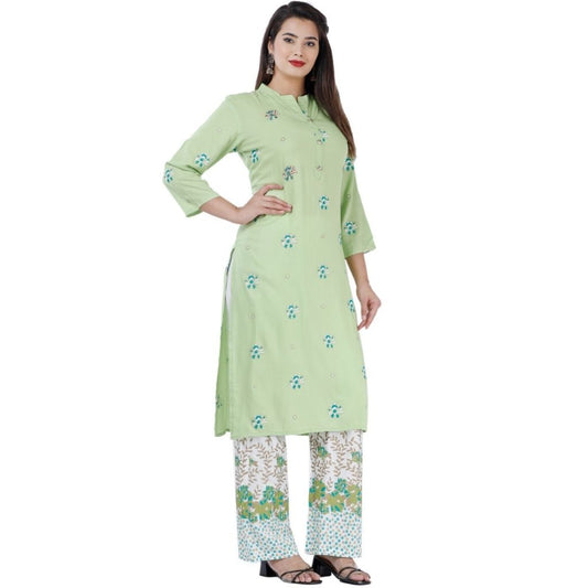 Green Flower Printed Kurti With Plazzo For Women - M / Green - Shopaholics