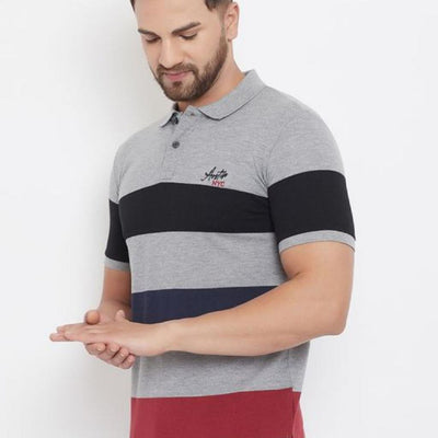 Grey Austin Nyc Striped Regular Fit T-Shirt For Men - Shopaholics