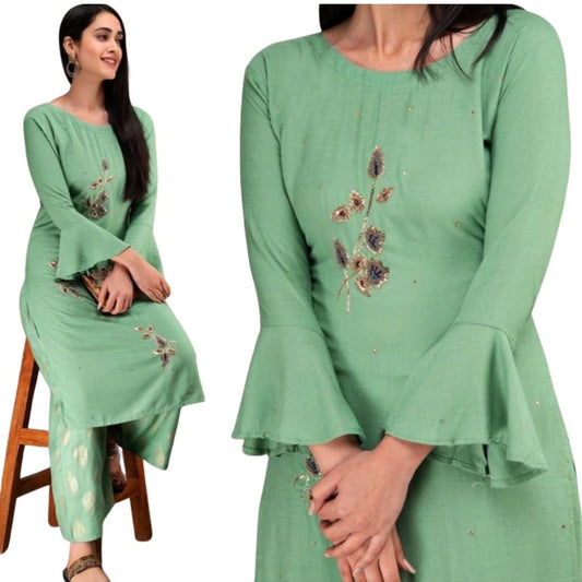 Handwork Embriodery Rayon Kurti With Palazzo For Women - L / Green - Shopaholics