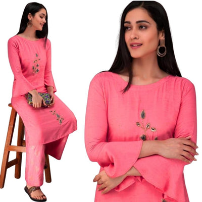 Handwork Embriodery Rayon Kurti With Palazzo For Women - L / Pink - Shopaholics