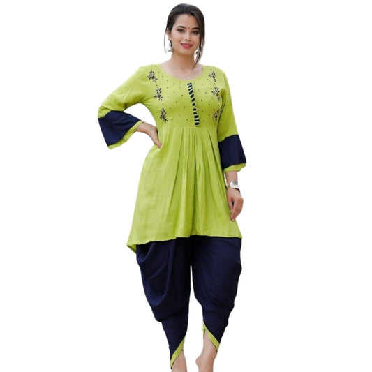 Handwork Kurti With Frill Sleeves & Dhoti For Women - M / Green-Blue - Shopaholics