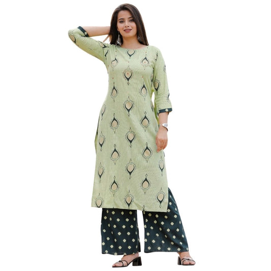 Handwork Rayon Kurti With Printed Palazzo For Women - M / Green - Shopaholics