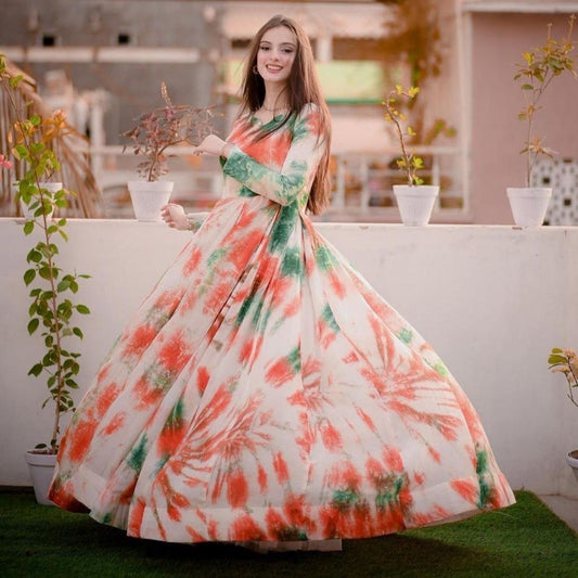Heavy Butter Silk With Digital Printed Gowns For Women - M-38 / White-Orange - Shopaholics