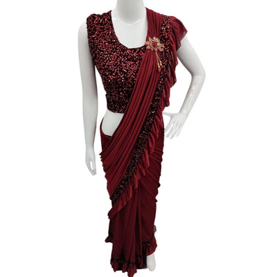 Heavy Rangoli Silk Ruffle Saree With Sequence Velvet Blouse - Red - Shopaholics