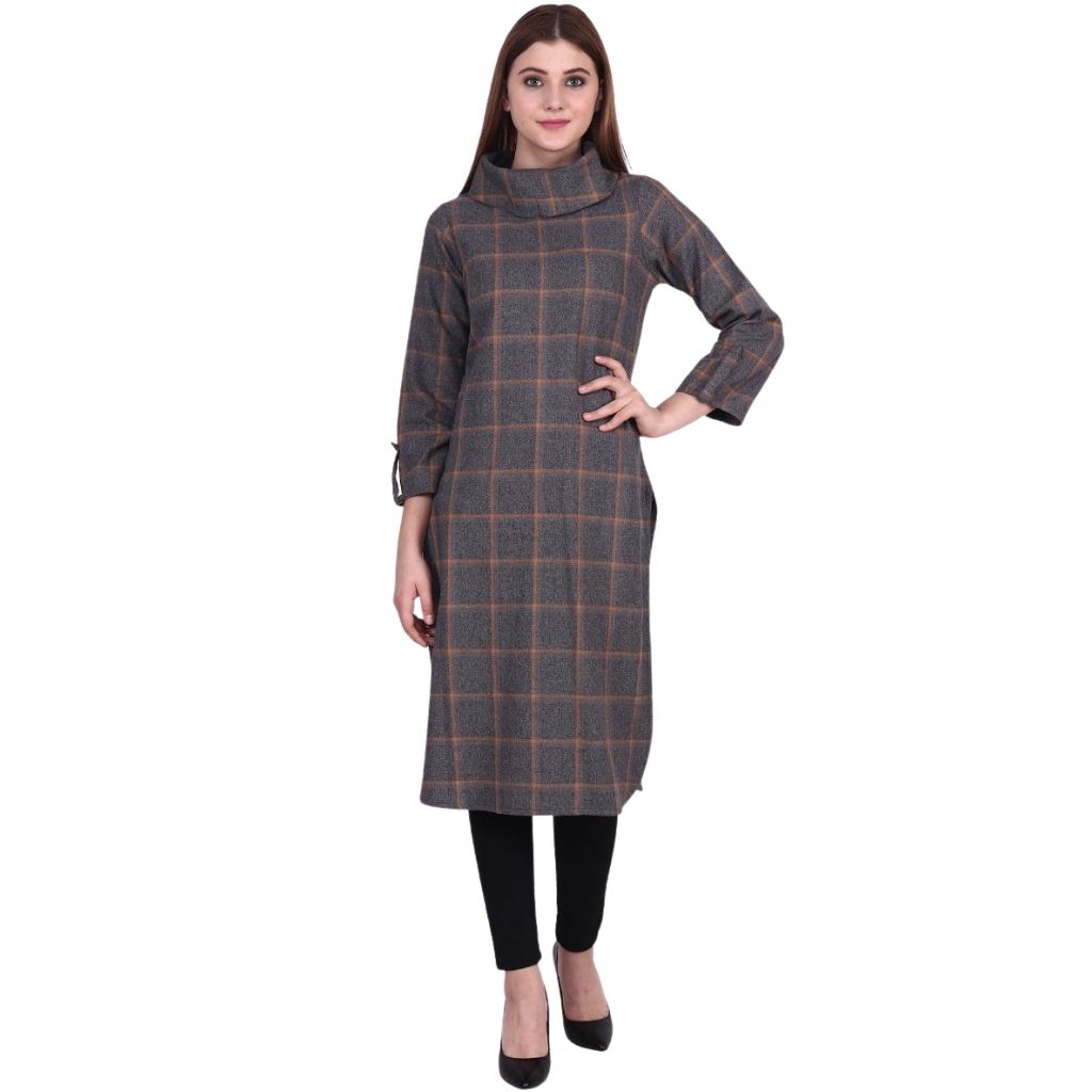High Neck Back Button Twill Woolen Kurti For Women – Shopaholics