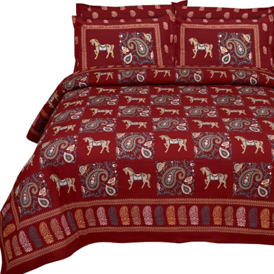 Horse Printed Jaipuri Cotton Double Bedsheet With Pillow Covers - Red - Shopaholics