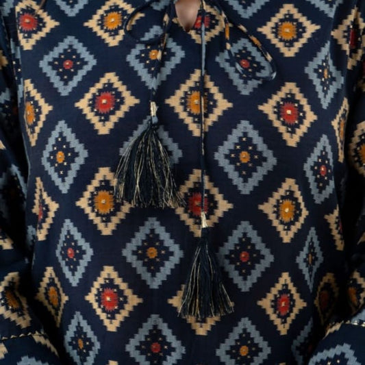 Ikkat Printed Kurti With Pant And Dori For Women - Blue / M - Shopaholics