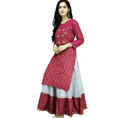 Jaipuri Bandhni Print Kurti And White Skirt For Women - M / Pink - Shopaholics