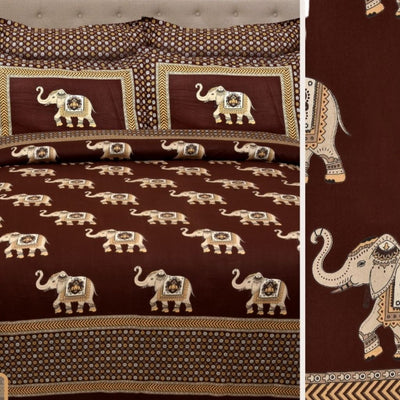 Jaipuri Cotton Elephant Printed Double Bedsheet With Pillow Covers - Brown - Shopaholics