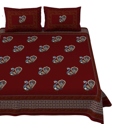 Jaipuri Peacock Printed Cotton Double Bedsheet With Pillow Covers - Red - Shopaholics