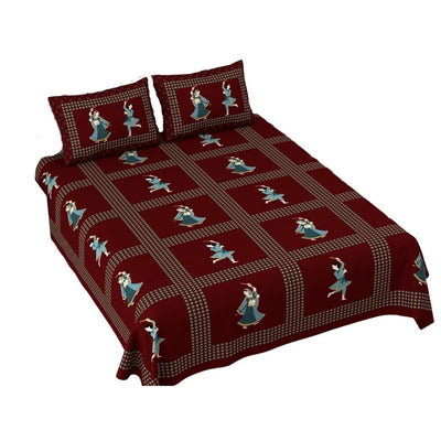 Jaipuri Printed Cotton Dancing Couple Bedsheet With Pillow Covers - Red - Shopaholics