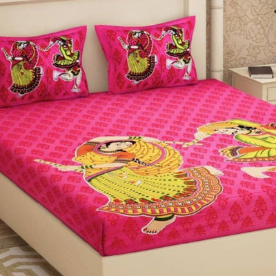 Jaipuri Prited Cotton Double Bedsheet With 2 Pillow Cover - Dark Pink - Shopaholics