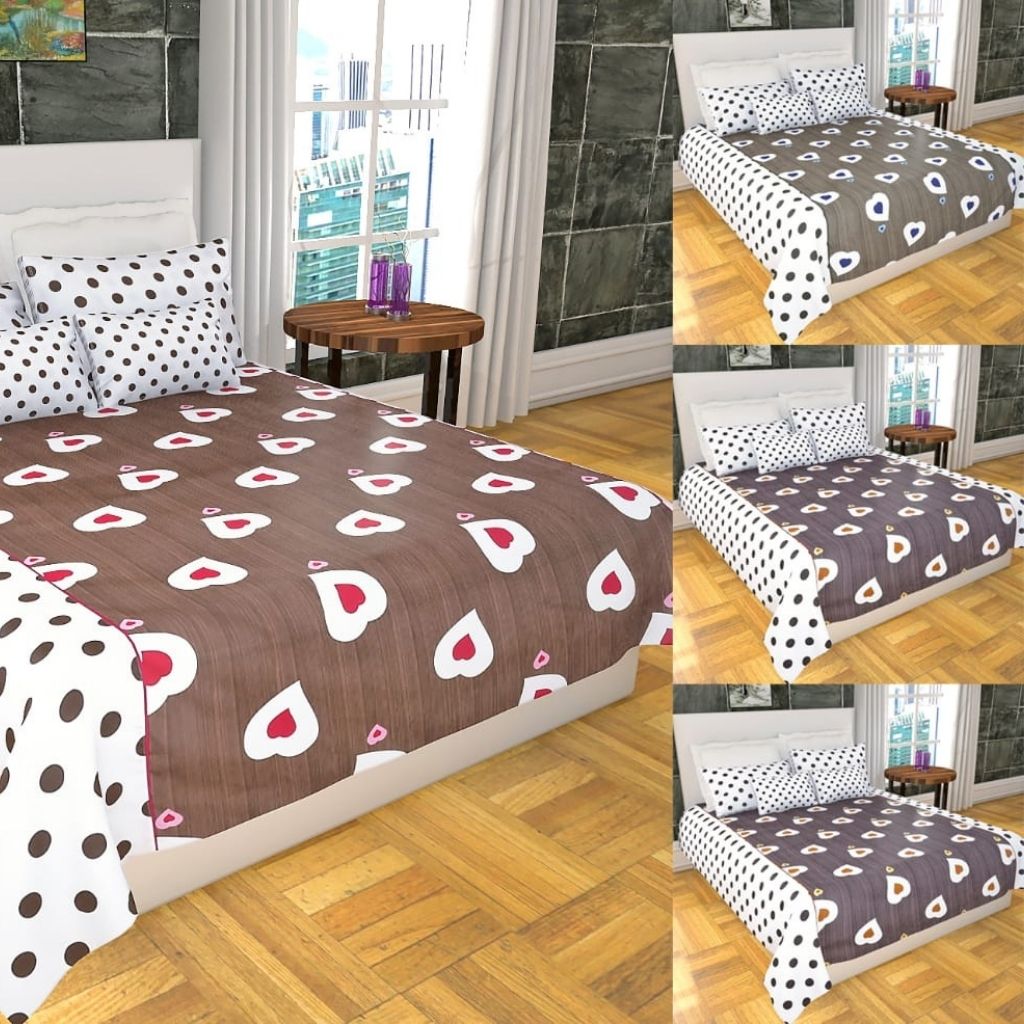 Jaipuri Twil Cotton Multicolored Hearts Design Double Bedsheet - White-Red - Shopaholics