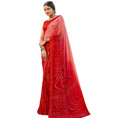 Laheriya Print Chiffon Saree With Foil Blouse For Women - Red - Shopaholics