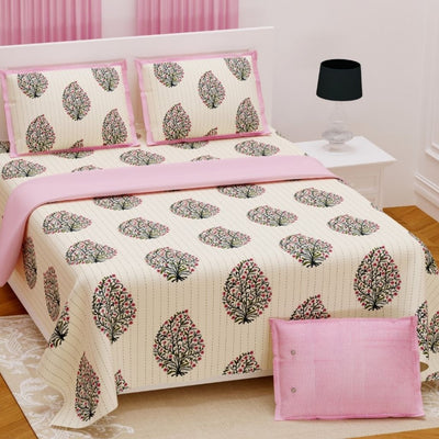 Leaf Jaipuri Printed Cotton Double Bedsheet - White-Black-Pink - Shopaholics
