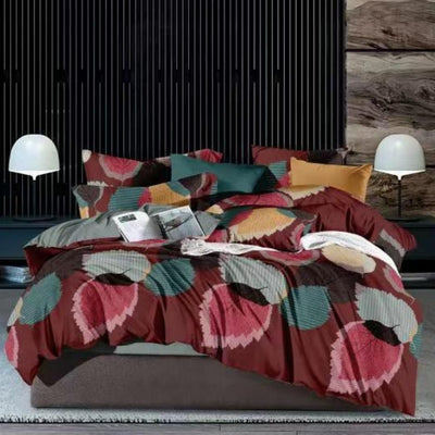 Leaf Printed Bedsheet With 2 Pillow Cover - Brown-Green-Red - Shopaholics