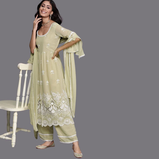 Libas Flared Kurti Palazzo With Dupatta For Women - 44" Inch / Beige - Shopaholics