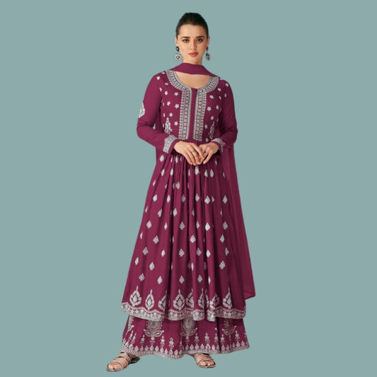 Lucknowi Rayon Kurti Palazzo With Dupatta For Women - M-38 / Maroon - Shopaholics