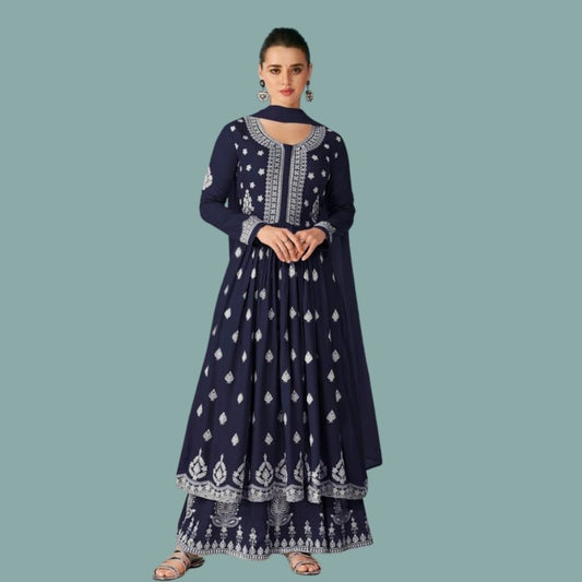 Lucknowi Rayon Kurti Palazzo With Dupatta For Women - M-38 / Blue - Shopaholics