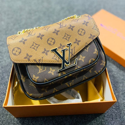 Monogram Passy Chain Leather Sling Handbag For Women - Brown - Shopaholics