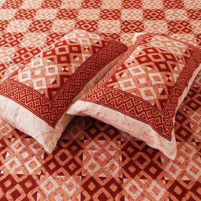 Orange Block Printed Bedsheet With 2 Pillow Covers - Orange / 90 x 108" Inches / 19 x 27" Inches - Shopaholics
