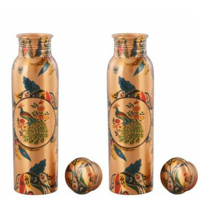 Peacock Printed Copper Water Bottles Combo Set Of 2 Pieces - 950 ml/320z / Gold - Shopaholics