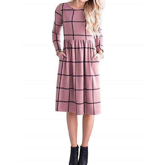 Women A-line Long Sleeve Tunic Plaid Dress - Shopaholics