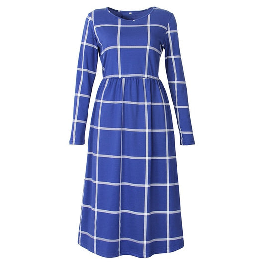 Women A-line Long Sleeve Tunic Plaid Dress - Blue / S - Shopaholics