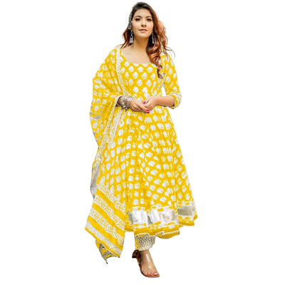 Premium Anarkali Kurti Pant With Dupatta For Women - L / Yellow - Shopaholics