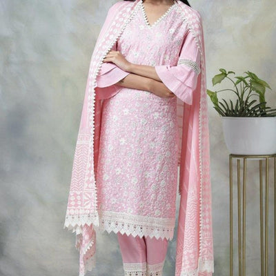 Premium Chikankari Work Kurti Pant With Dupatta For Women - 38" Inch / Pink - Shopaholics