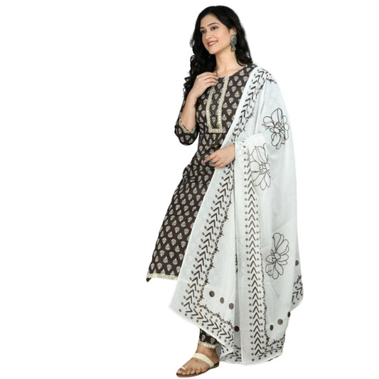 Premium Cotton Kurti And Pant With Dupatta For Women - M / Black-White - Shopaholics