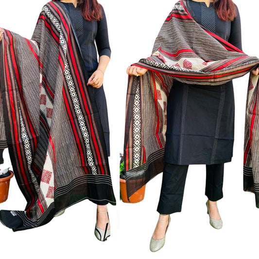 Premium Cotton Kurti And Pant With Dupatta For Women - M / Blue-Black - Shopaholics