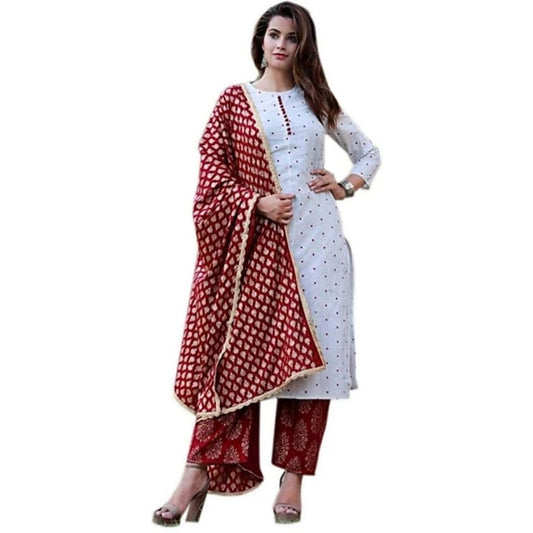 Elegant Printed Rayon Kurti Palazzo With Dupatta For Women - White / L - Shopaholics