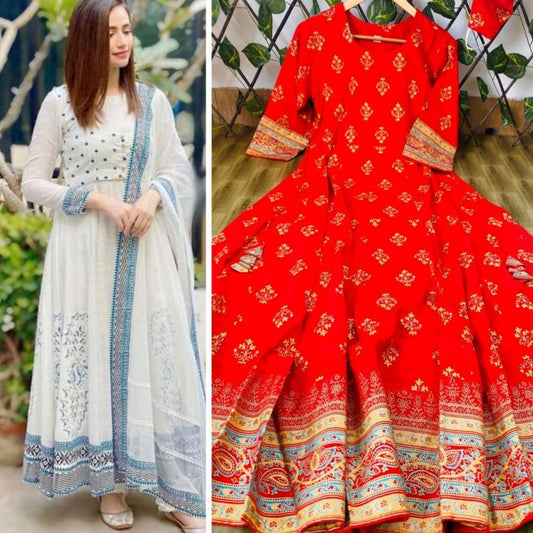 Premium Rayon Milky Printed Combos Of 2 Gowns For Women - M-38 / White-Red - Shopaholics