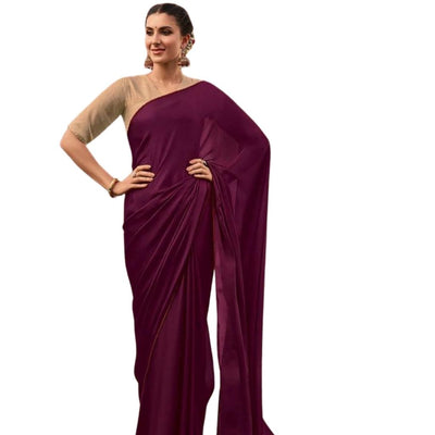 Premium Satin Fabric Saree With Embroidered Blouse For Women - Wine - Shopaholics