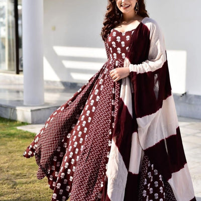 Printed Long Anarkali Rayon Gowns For Women - M-38 / Maroon-White - Shopaholics